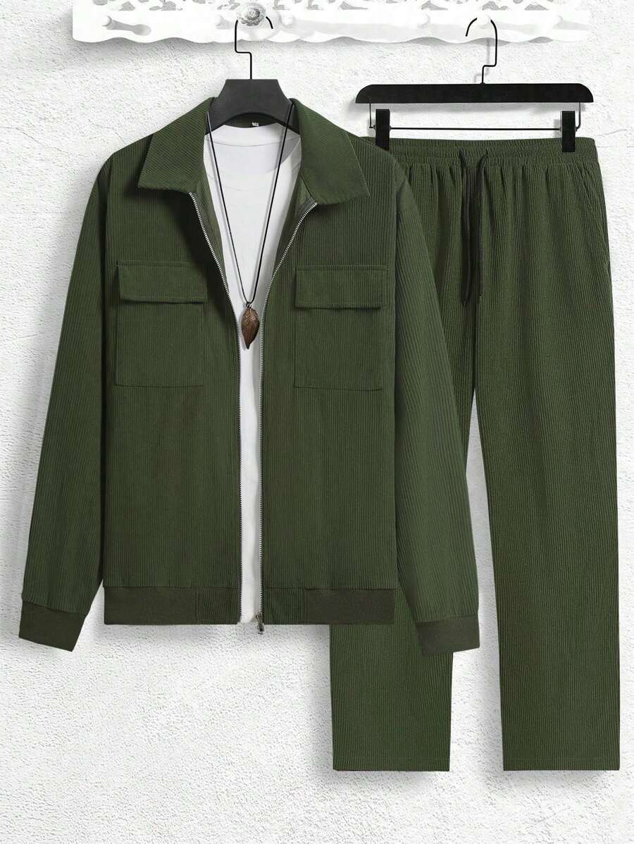2pcs Men's Utility Pocket Corduroy Jacket Coat And Pants Set-6