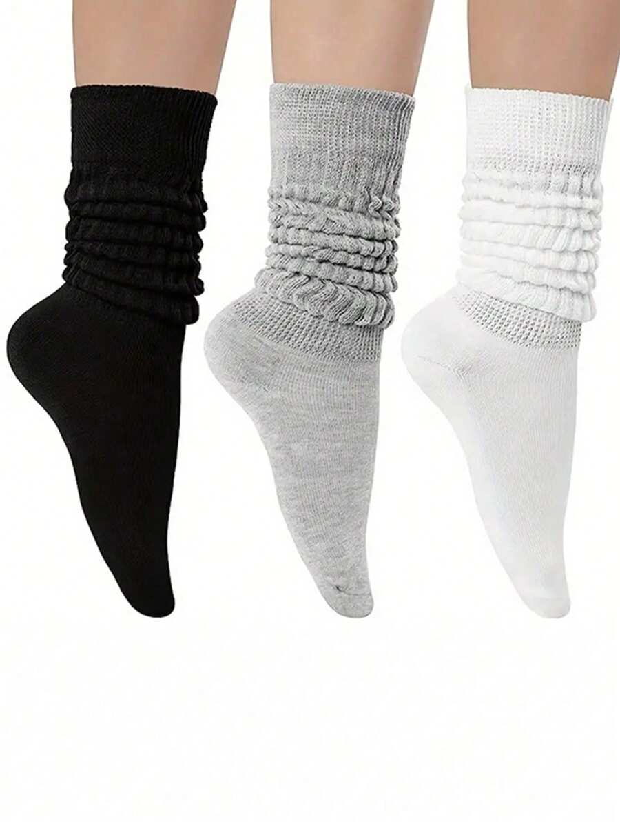 3 Packs Simple Solid Color Socks, Comfortable, Breathable And Versatile-6