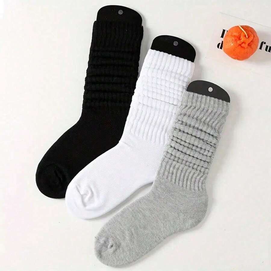 3 Packs Simple Solid Color Socks, Comfortable, Breathable And Versatile-7