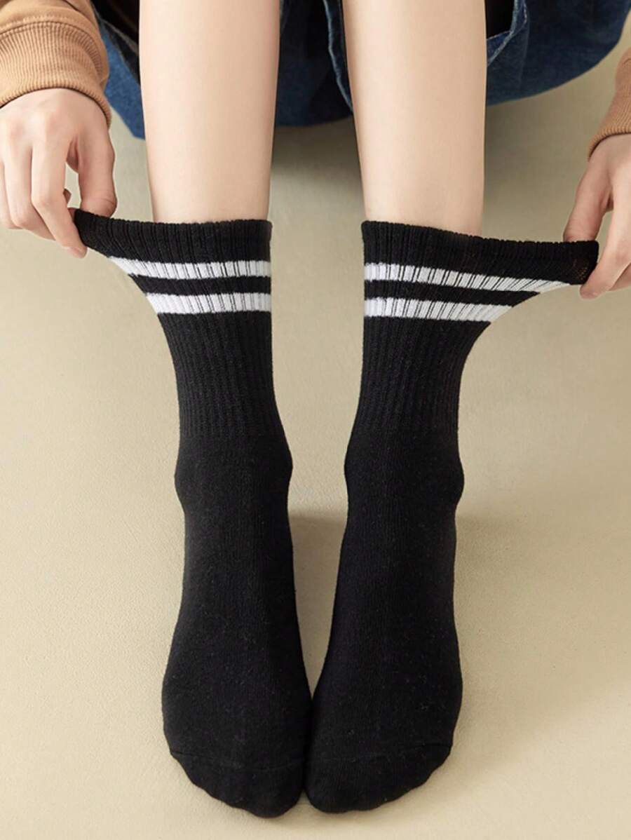 3 Pairs Solid Black, White And Gray With Double Stripes-2