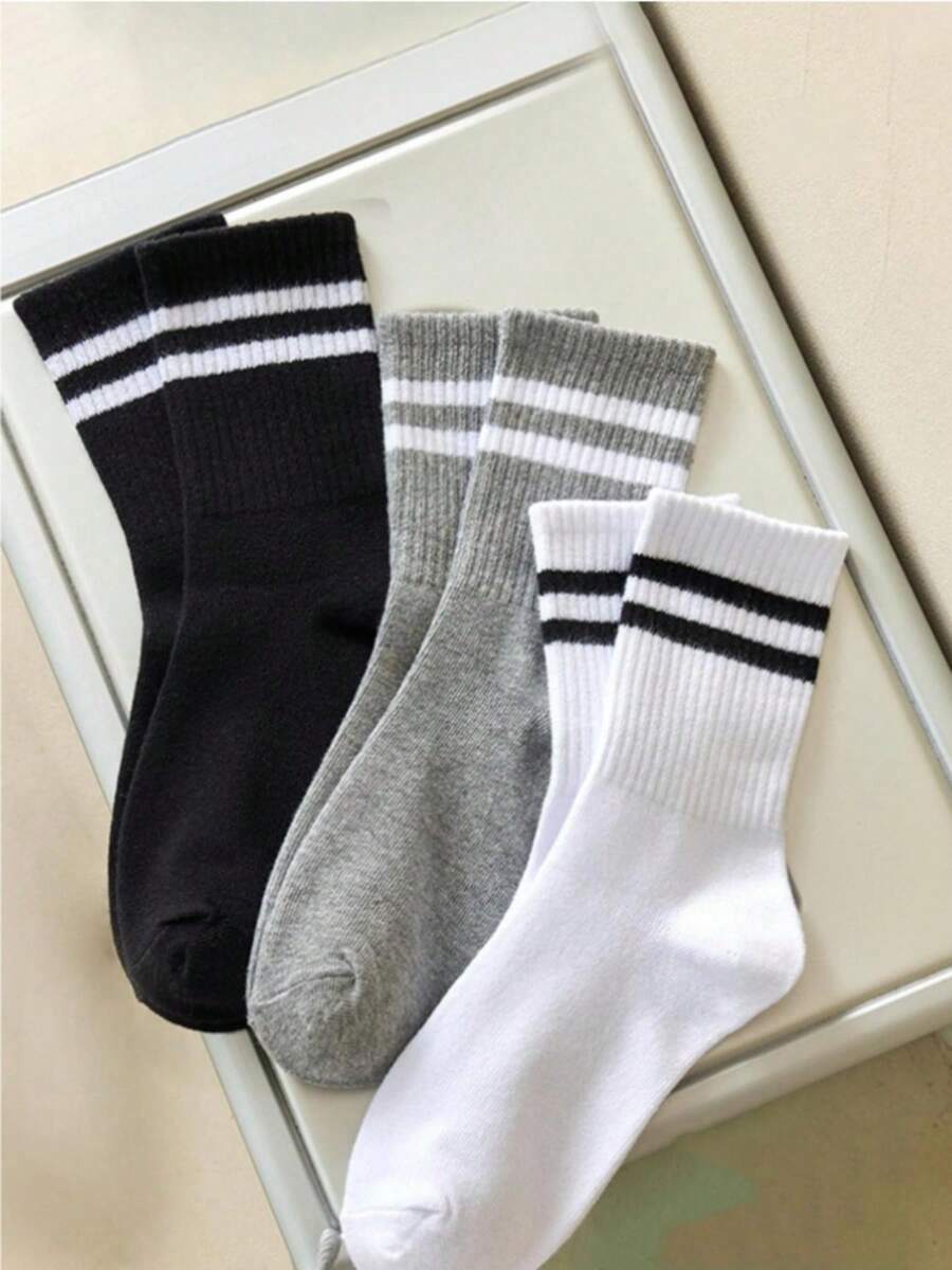 3 Pairs Solid Black, White And Gray With Double Stripes-4