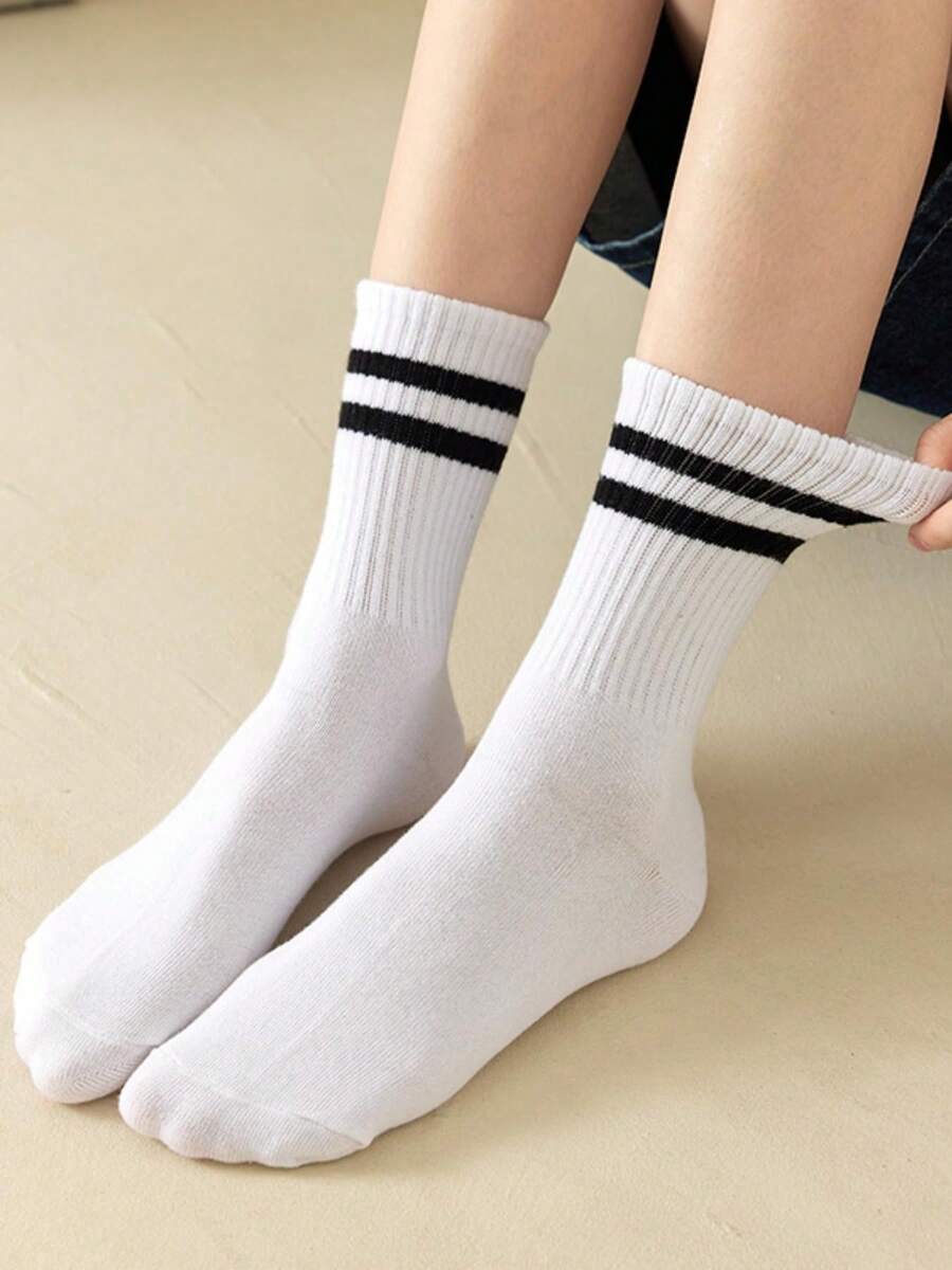 3 Pairs Solid Black, White And Gray With Double Stripes-5