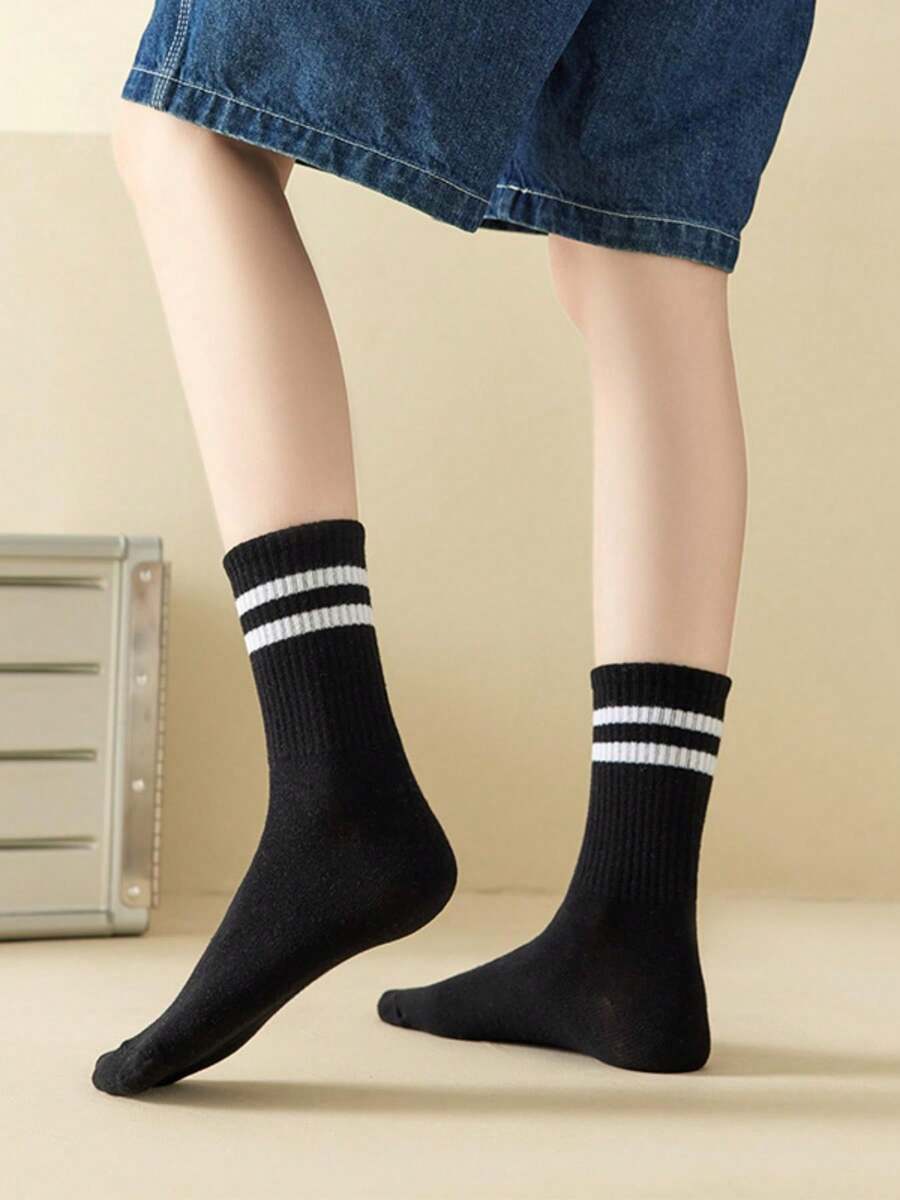 3 Pairs Solid Black, White And Gray With Double Stripes-7