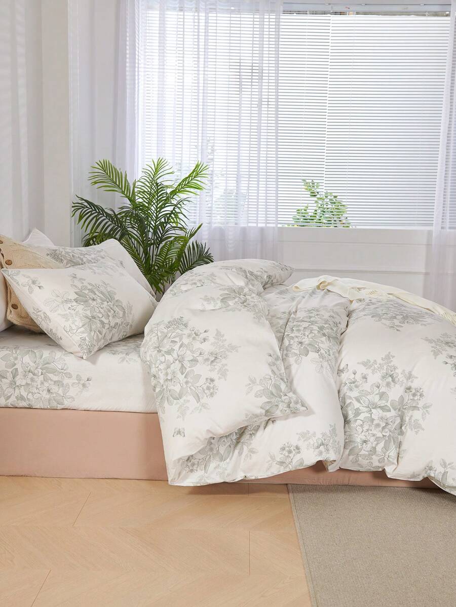 3Pcs Green Leaf Gardens Flower Print Duvet Cover Set Without Filler-2