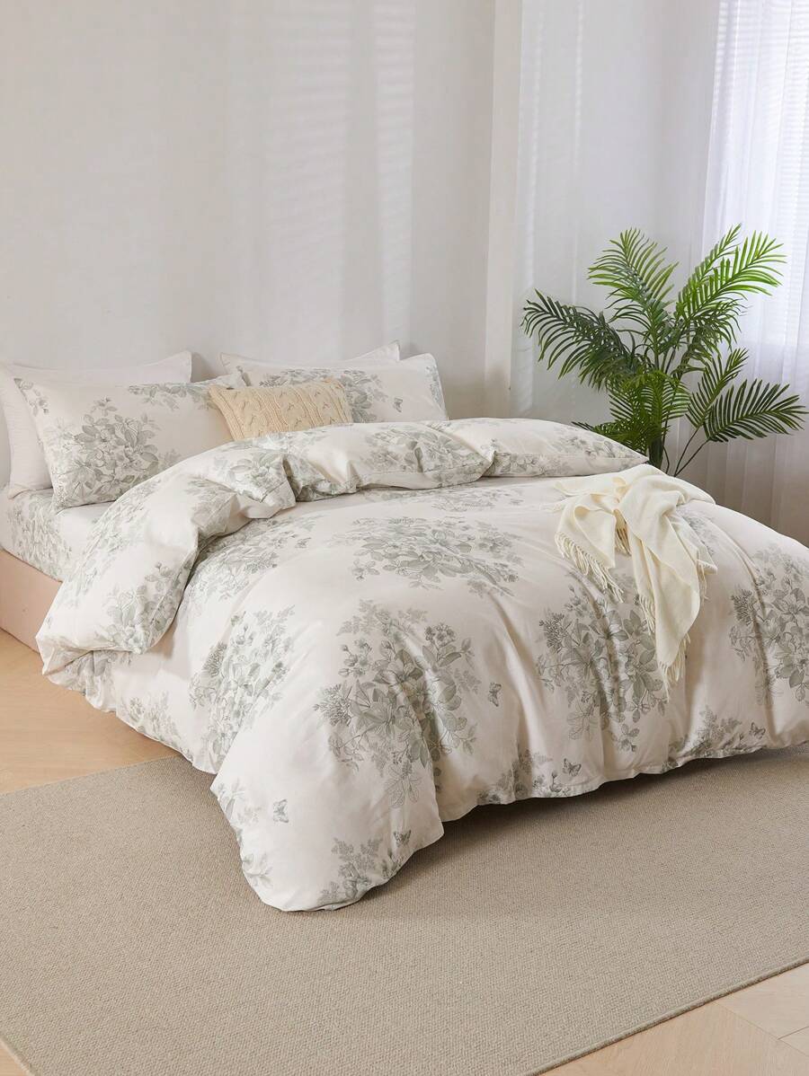 3Pcs Green Leaf Gardens Flower Print Duvet Cover Set Without Filler-6