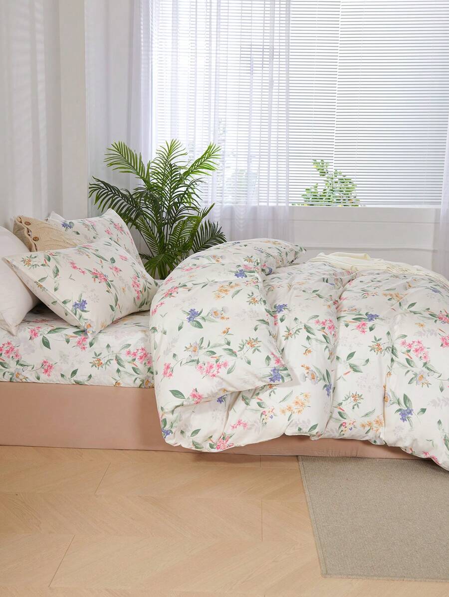 3Pcs Green Leaf Pink Purple Flower Print Duvet Cover Set Without Filler -2