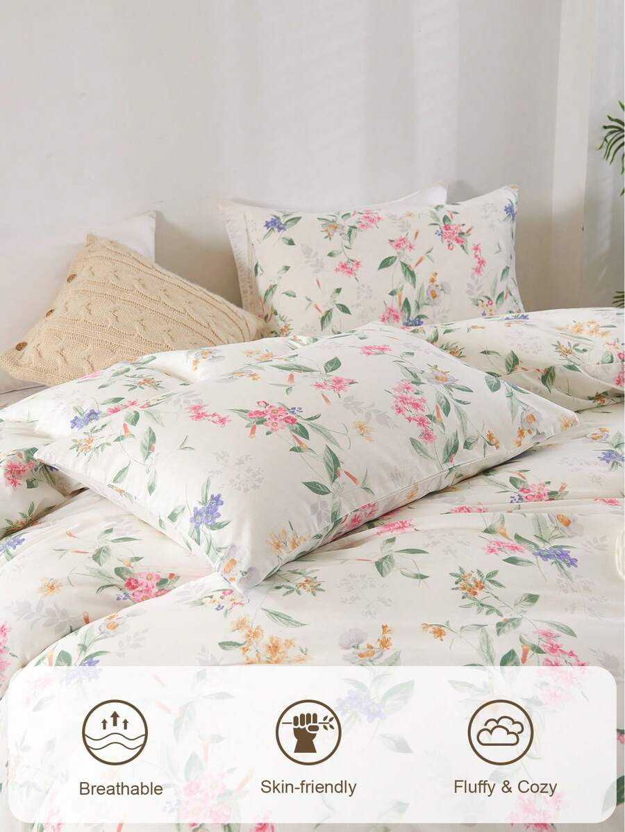 3Pcs Green Leaf Pink Purple Flower Print Duvet Cover Set Without Filler -4