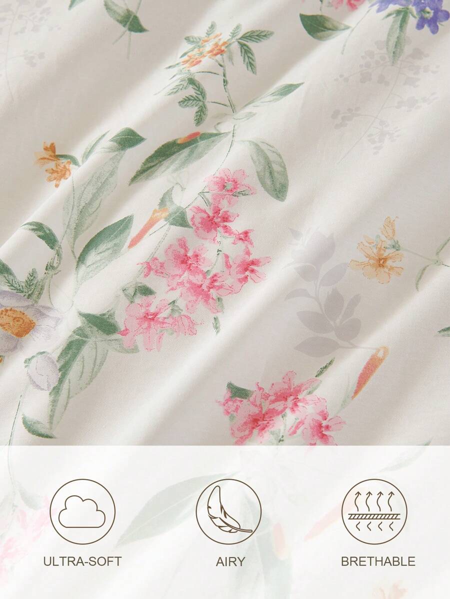 3Pcs Green Leaf Pink Purple Flower Print Duvet Cover Set Without Filler -5