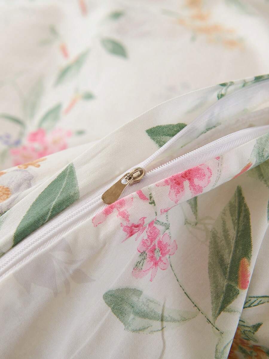 3Pcs Green Leaf Pink Purple Flower Print Duvet Cover Set Without Filler -6