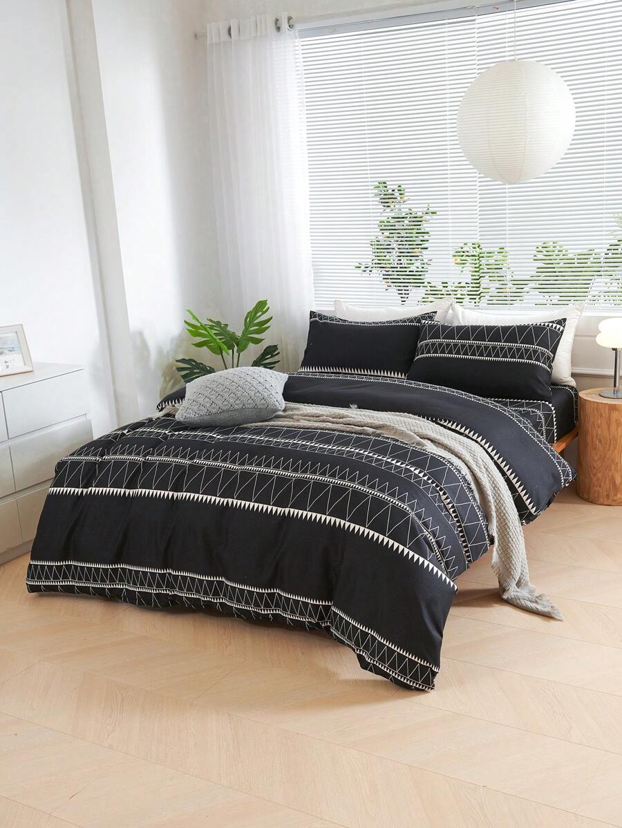 3pcs Set Black Reversible Two Tone Boho Stripe Pattern Color Duvet Cover Bedding Set2