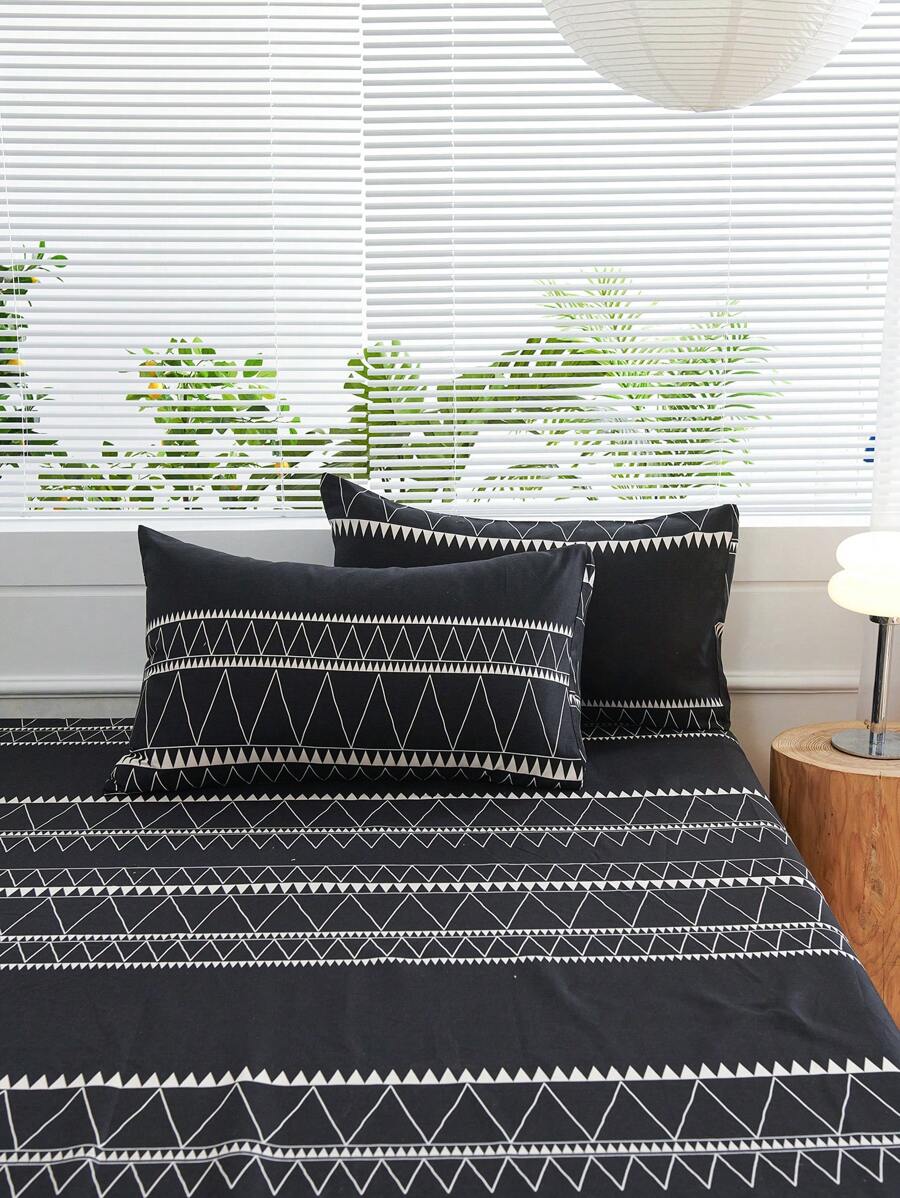3pcs Set Black Reversible Two Tone Boho Stripe Pattern Color Duvet Cover Bedding Set4