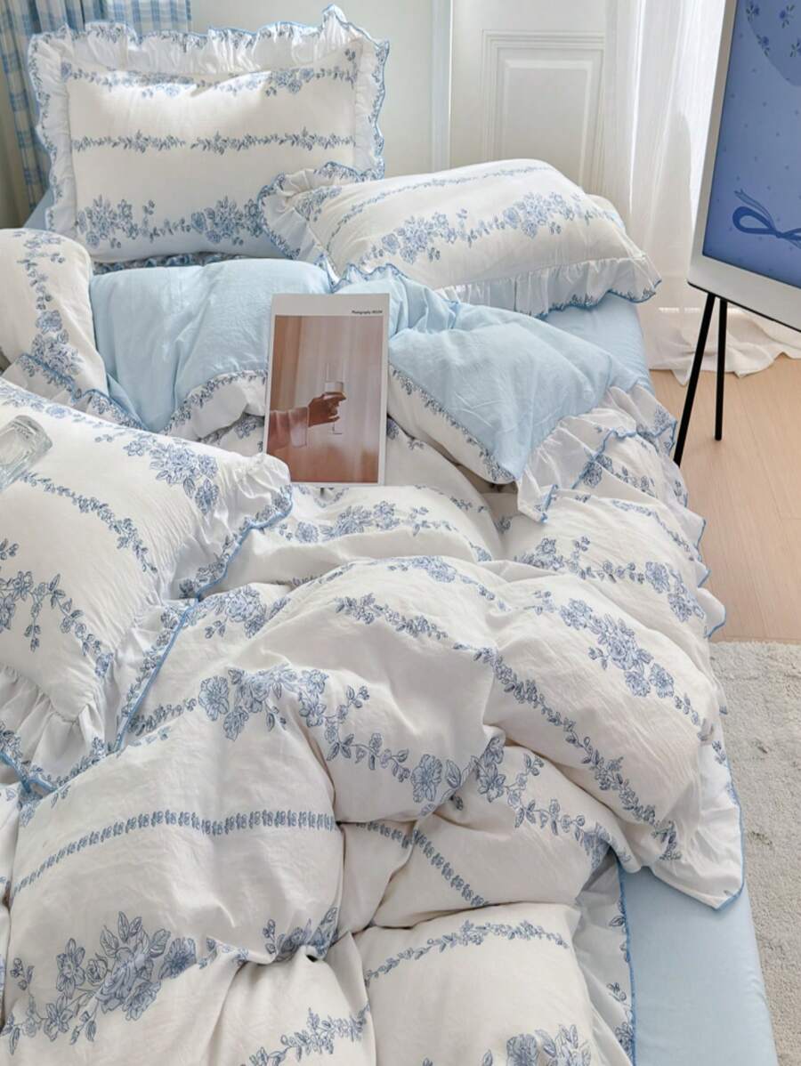 4pcs Set Korean Style Ruffled Washed Bedding Set-5