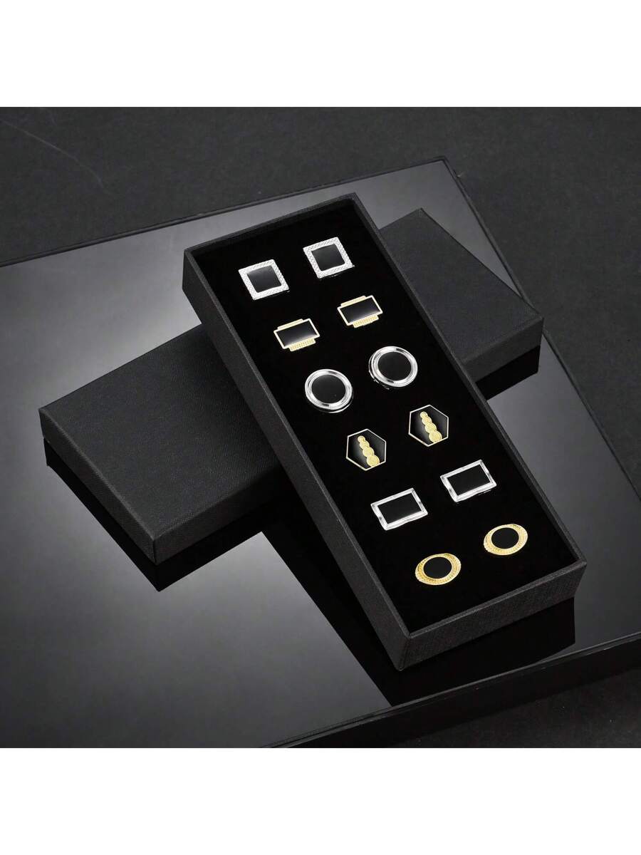 6 Pairs Solid Color Gold & Black Metal Cufflinks With Gift Box, For Men-2