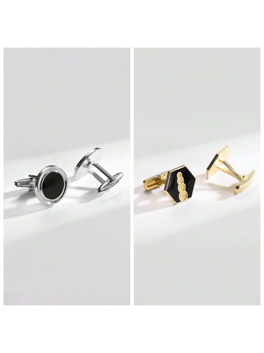 6 Pairs Solid Color Gold & Black Metal Cufflinks With Gift Box, For Men-3