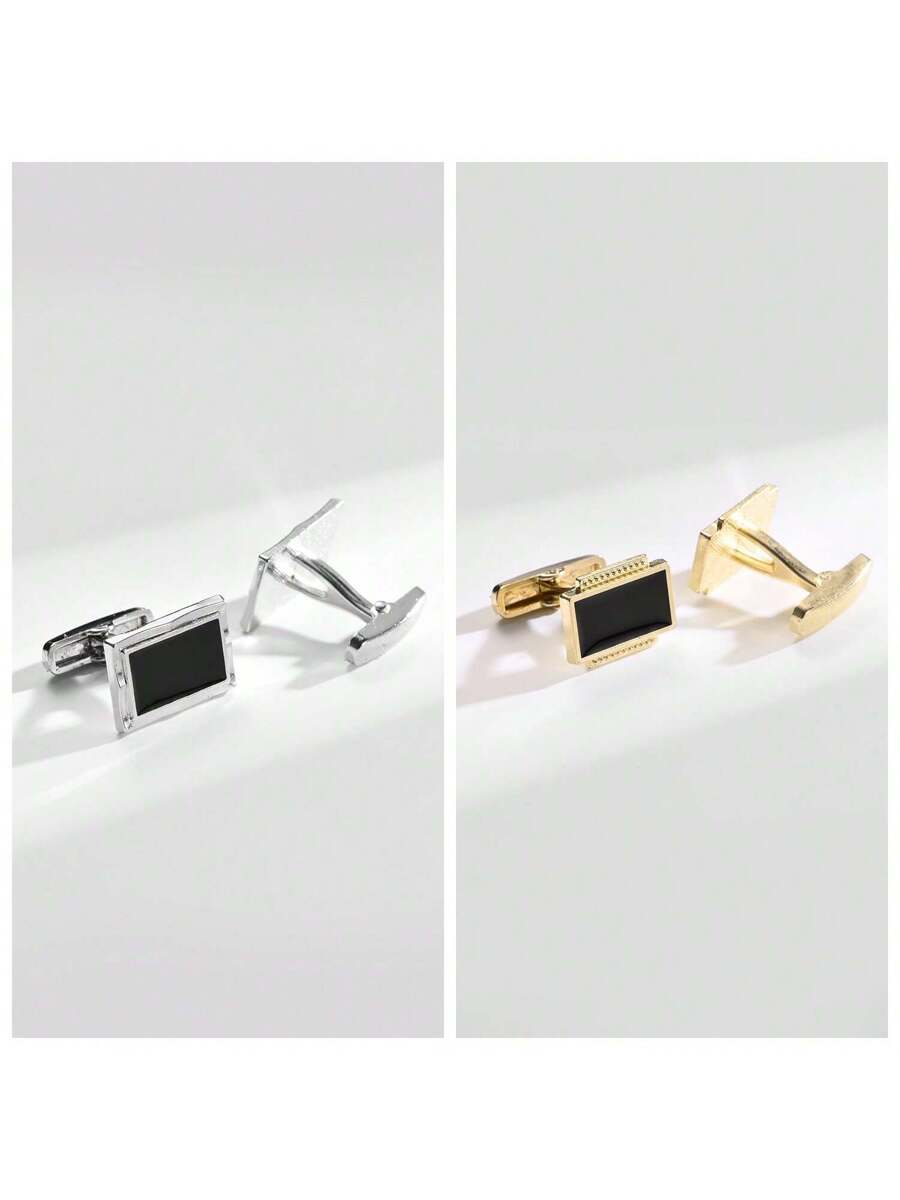 6 Pairs Solid Color Gold & Black Metal Cufflinks With Gift Box, For Men-4