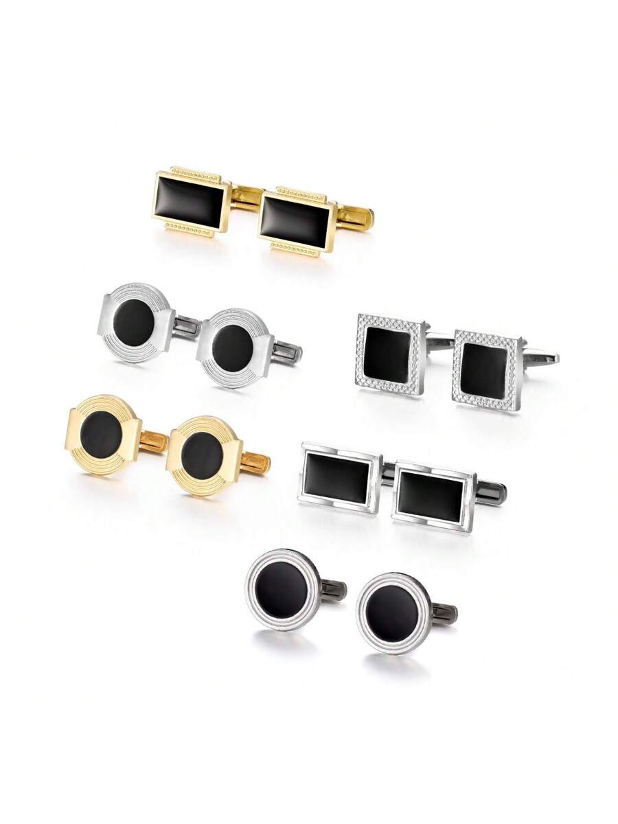 6 Pairs Solid Color Gold & Black Metal Cufflinks With Gift Box, For Men-8