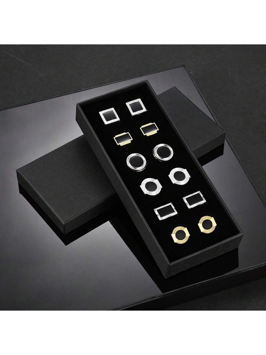 6 Pairs Solid Color Gold & Black Metal Cufflinks With Gift Box, For Men-9