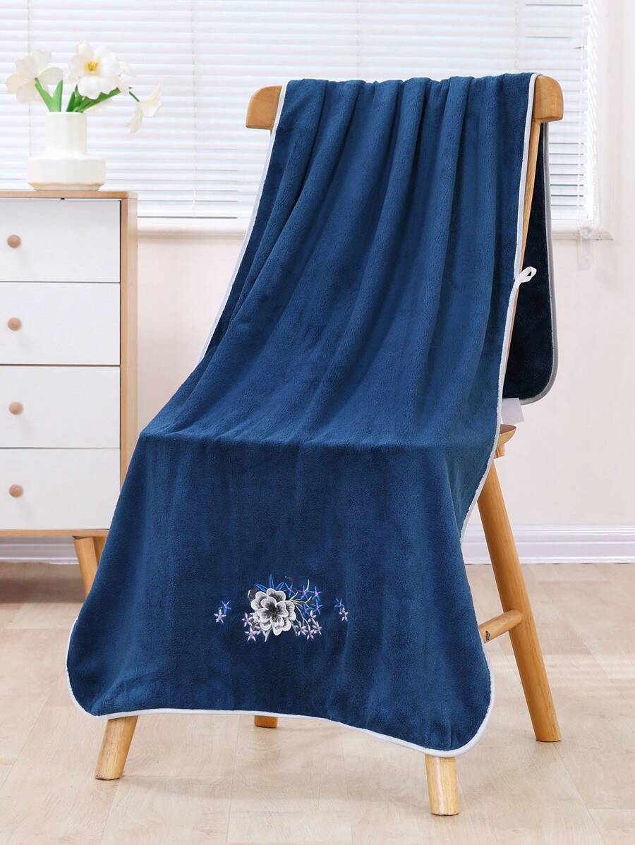 Bathroom, 1 Piece Coral Fleece Embroidered Bath Towel, Embroidered Design-10
