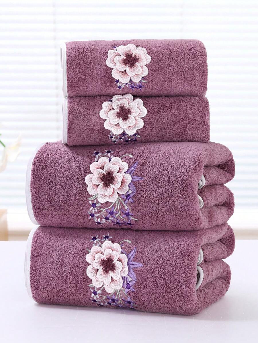 Bathroom, 1 Piece Coral Fleece Embroidered Bath Towel, Embroidered Design-11