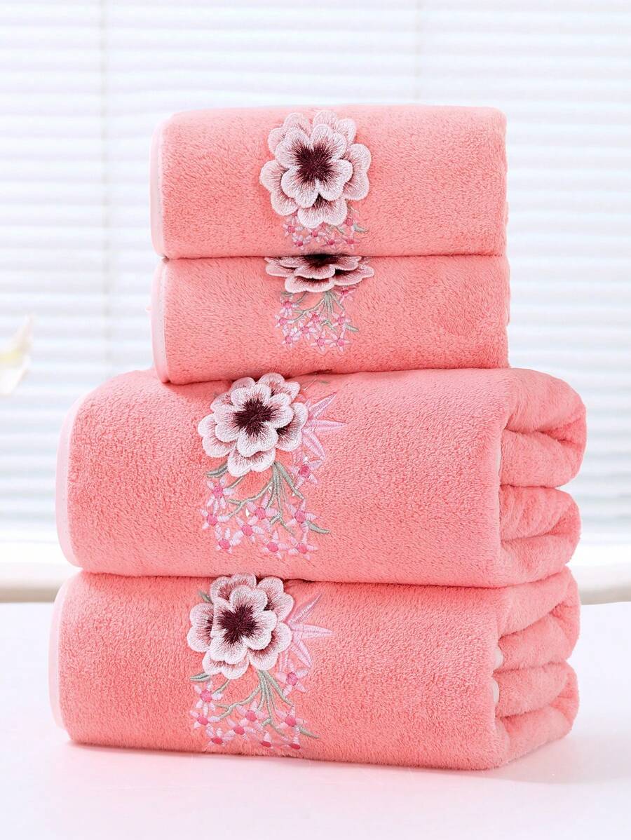 Bathroom, 1 Piece Coral Fleece Embroidered Bath Towel, Embroidered Design-12