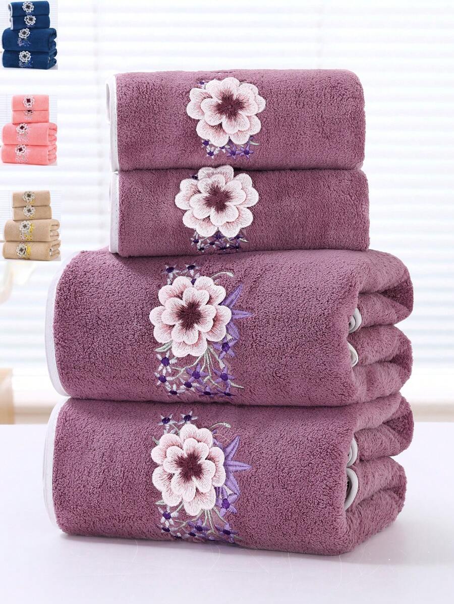 Bathroom, 1 Piece Coral Fleece Embroidered Bath Towel, Embroidered Design-2