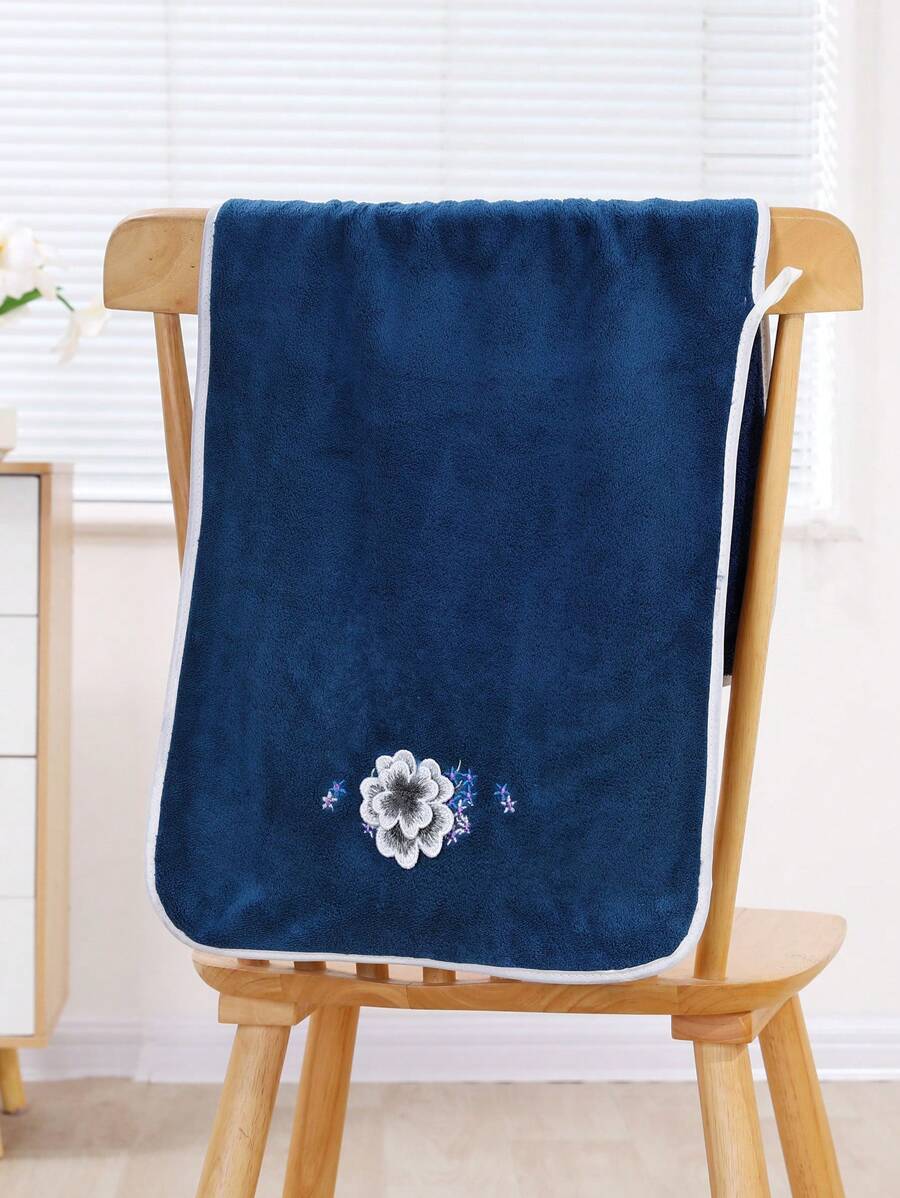 Bathroom, 1 Piece Coral Fleece Embroidered Bath Towel, Embroidered Design-5