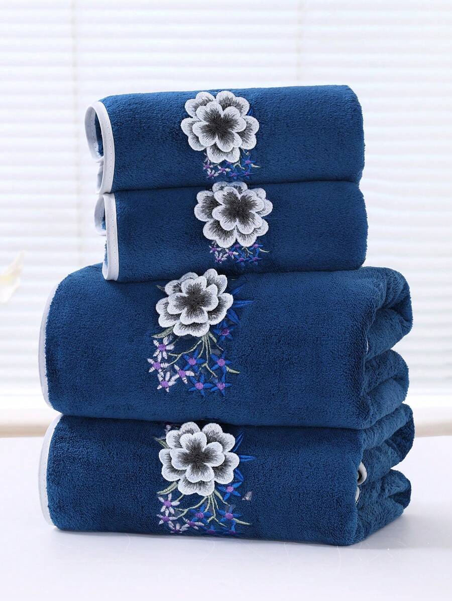Bathroom, 1 Piece Coral Fleece Embroidered Bath Towel, Embroidered Design-6