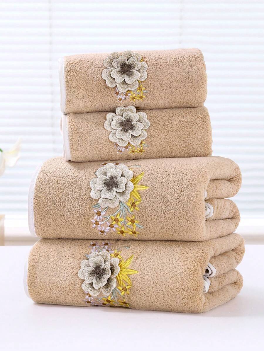 Bathroom, 1 Piece Coral Fleece Embroidered Bath Towel, Embroidered Design-9