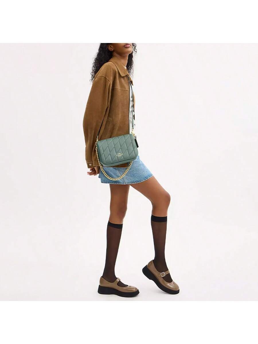 Coach 22 Logo Snap Closure Leather Top Handle Crossbody Shoulder Bag Small Women Green-5