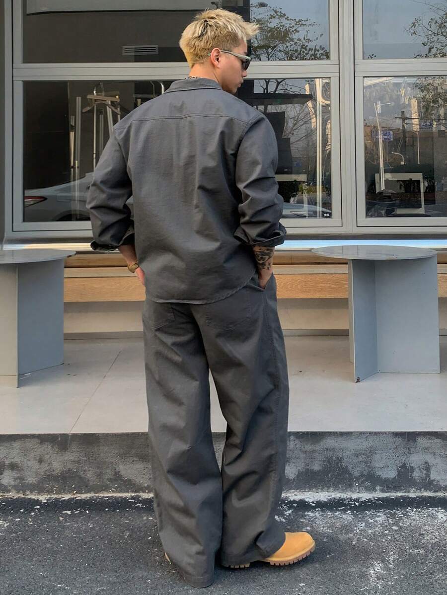 DAZY 2pcs Set Men's Casual Solid Color Shirt And Straight Leg Pants Set-2