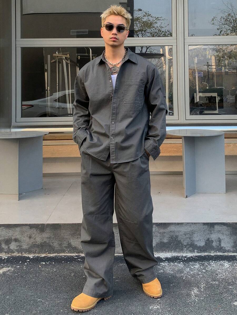 DAZY 2pcs Set Men's Casual Solid Color Shirt And Straight Leg Pants Set-3