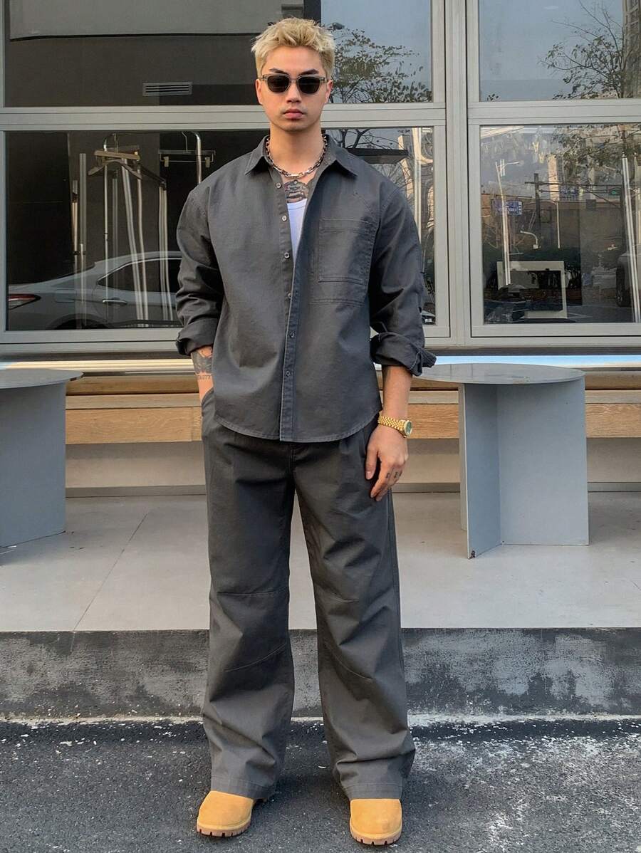 DAZY 2pcs Set Men's Casual Solid Color Shirt And Straight Leg Pants Set-4