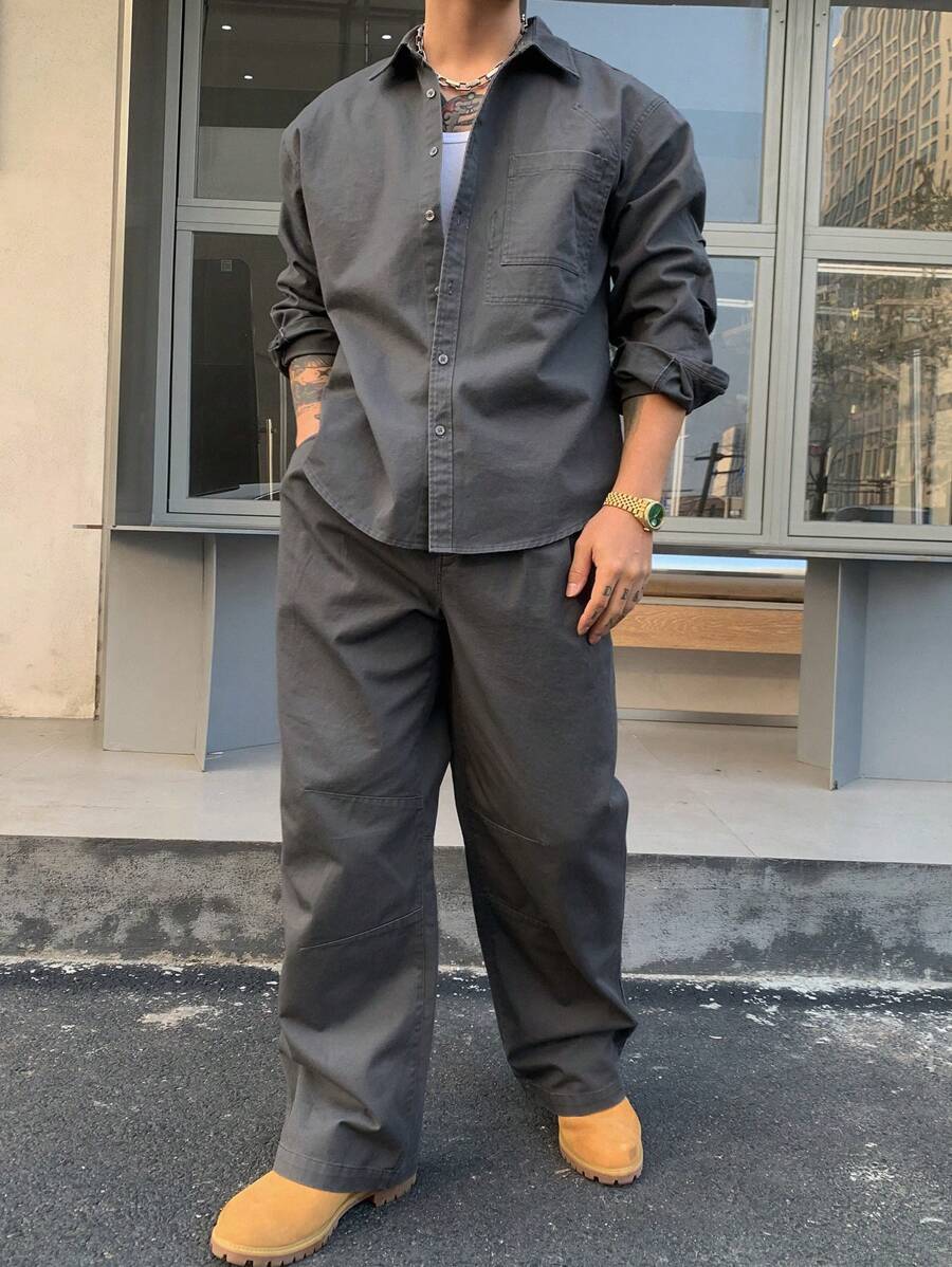 DAZY 2pcs Set Men's Casual Solid Color Shirt And Straight Leg Pants Set-5