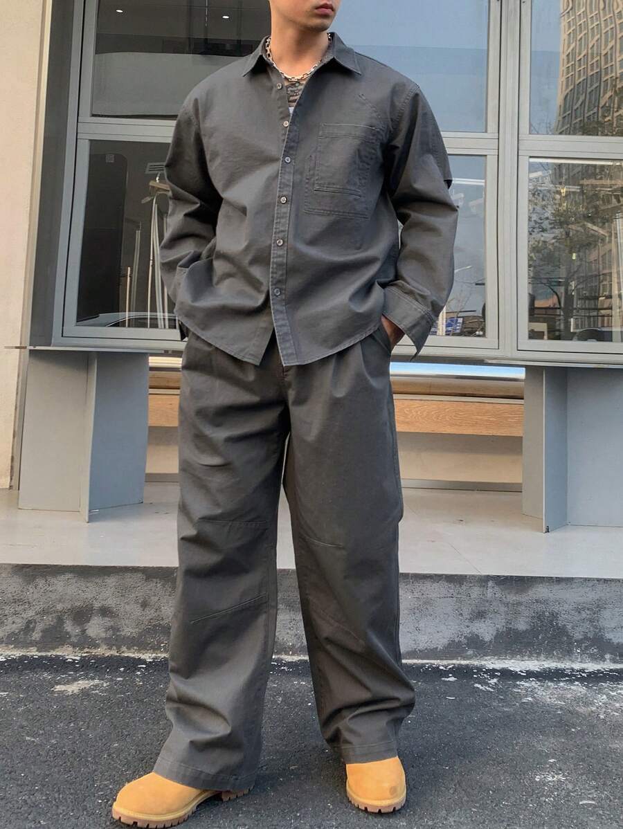 DAZY 2pcs Set Men's Casual Solid Color Shirt And Straight Leg Pants Set-6