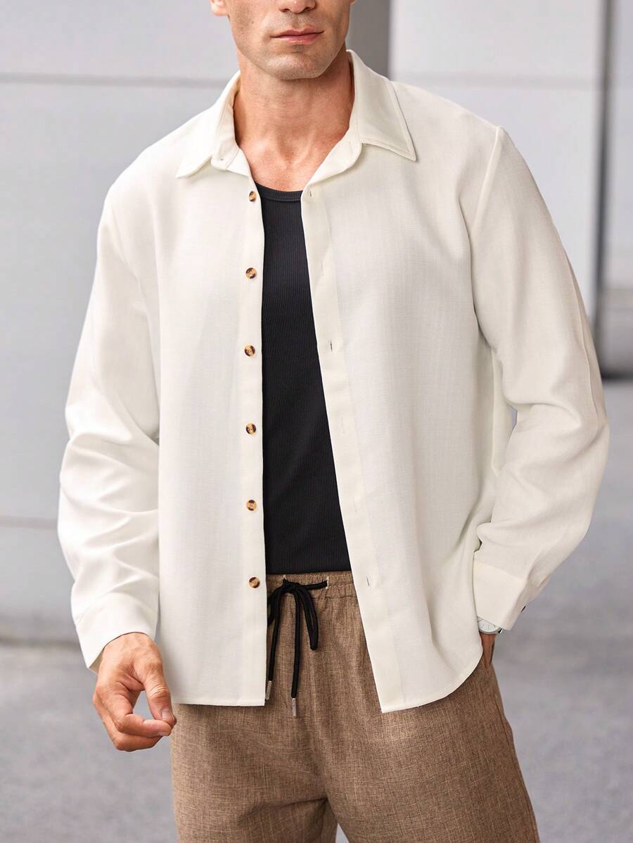 Manfinity CasualCool Men 2pcs Solid Color Front Button Long Sleeve Casual Suit (Top & Pants)-3