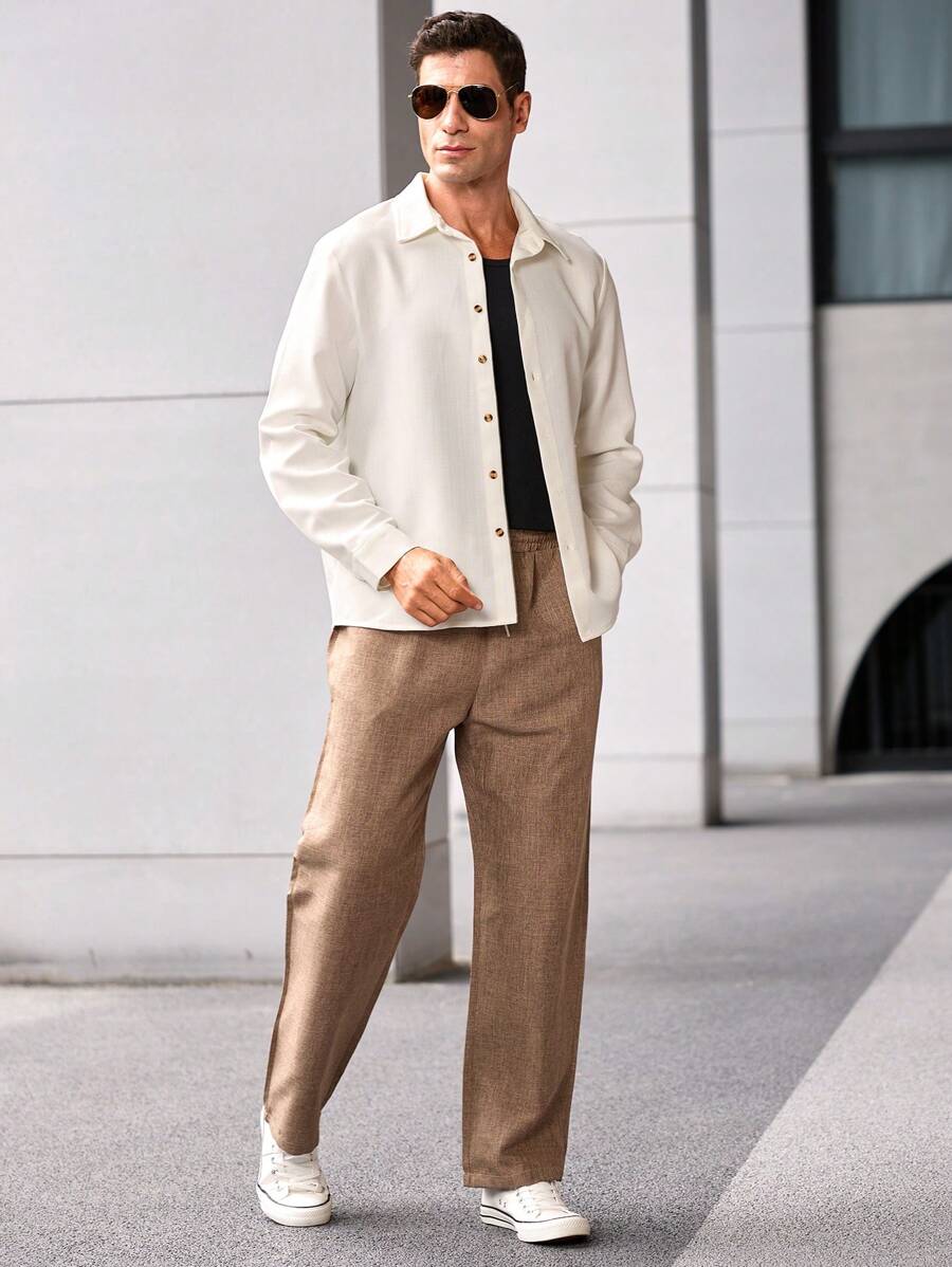 Manfinity CasualCool Men 2pcs Solid Color Front Button Long Sleeve Casual Suit (Top & Pants)-5