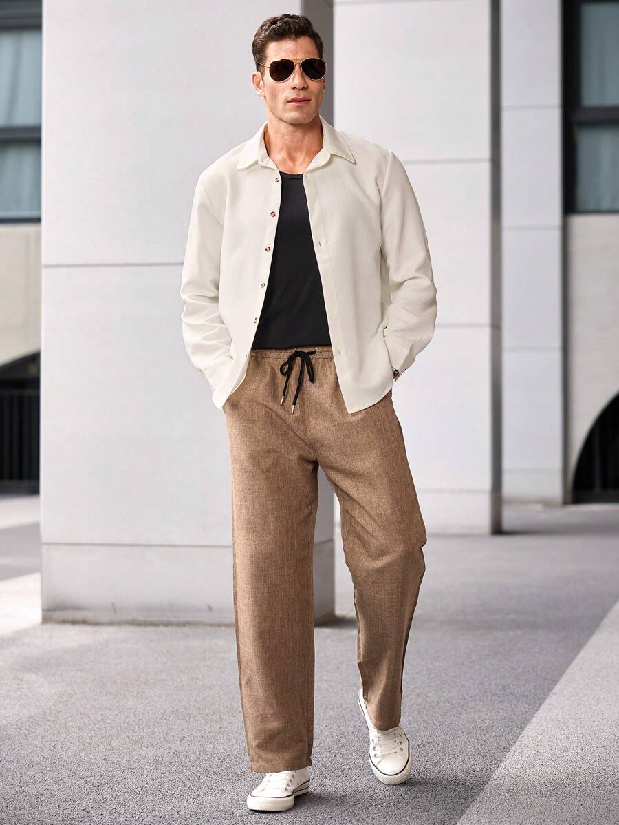 Manfinity CasualCool Men 2pcs Solid Color Front Button Long Sleeve Casual Suit (Top & Pants)-6