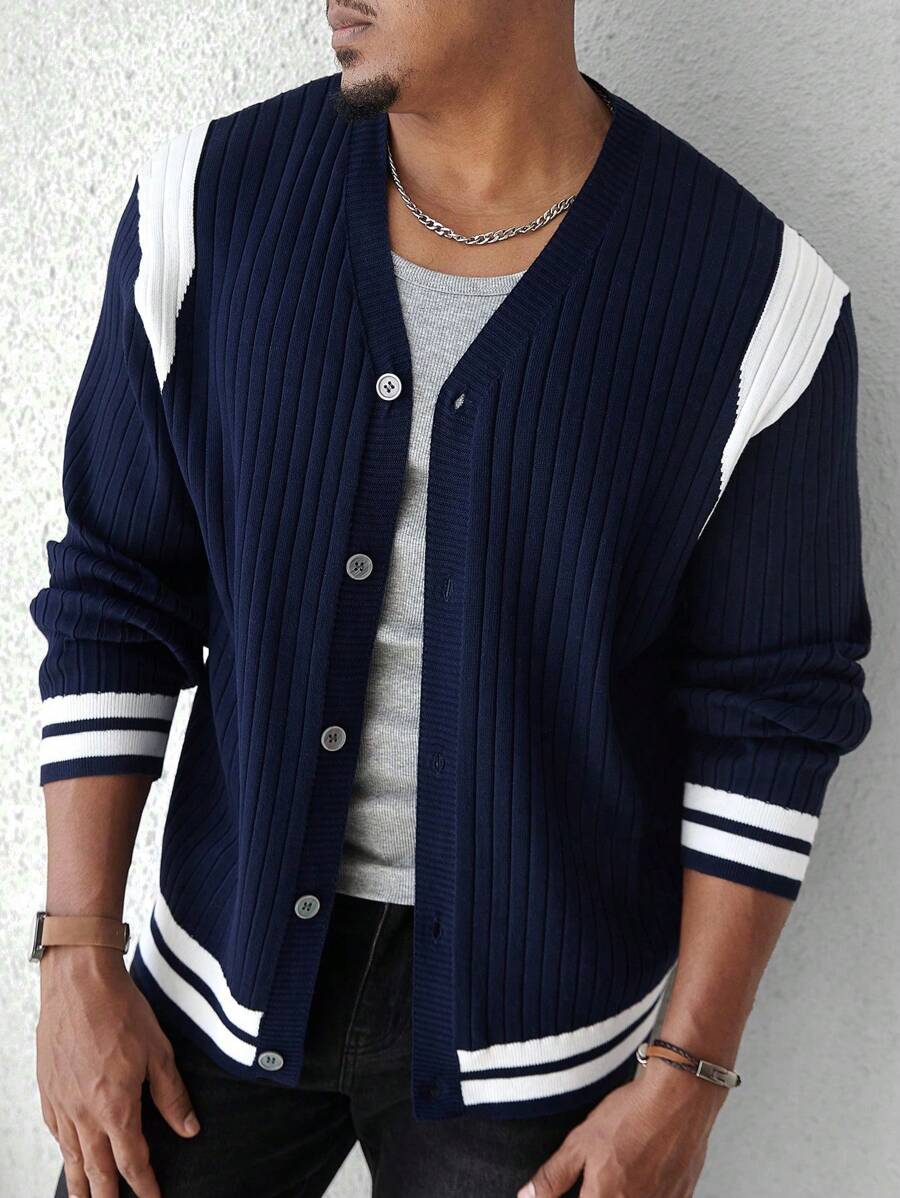 Manfinity CityGents Men's Solid Color Patchwork Front Button Long Sleeve -4