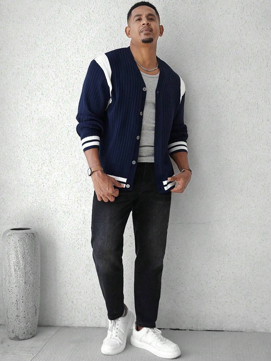 Manfinity CityGents Men's Solid Color Patchwork Front Button Long Sleeve -5