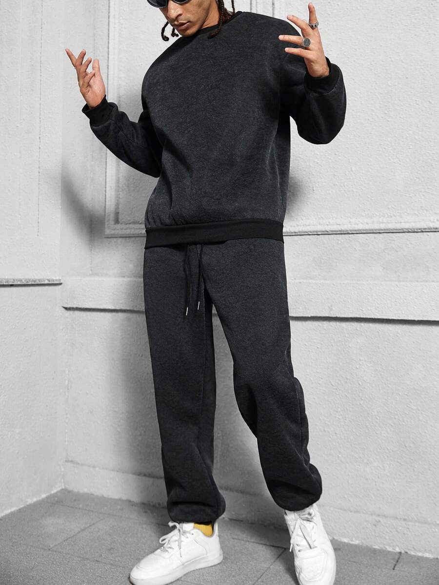 Manfinity EMRG 1Set Men's Solid Color Round Neck Long Sleeve Top And Long Pants Casual Suit-4