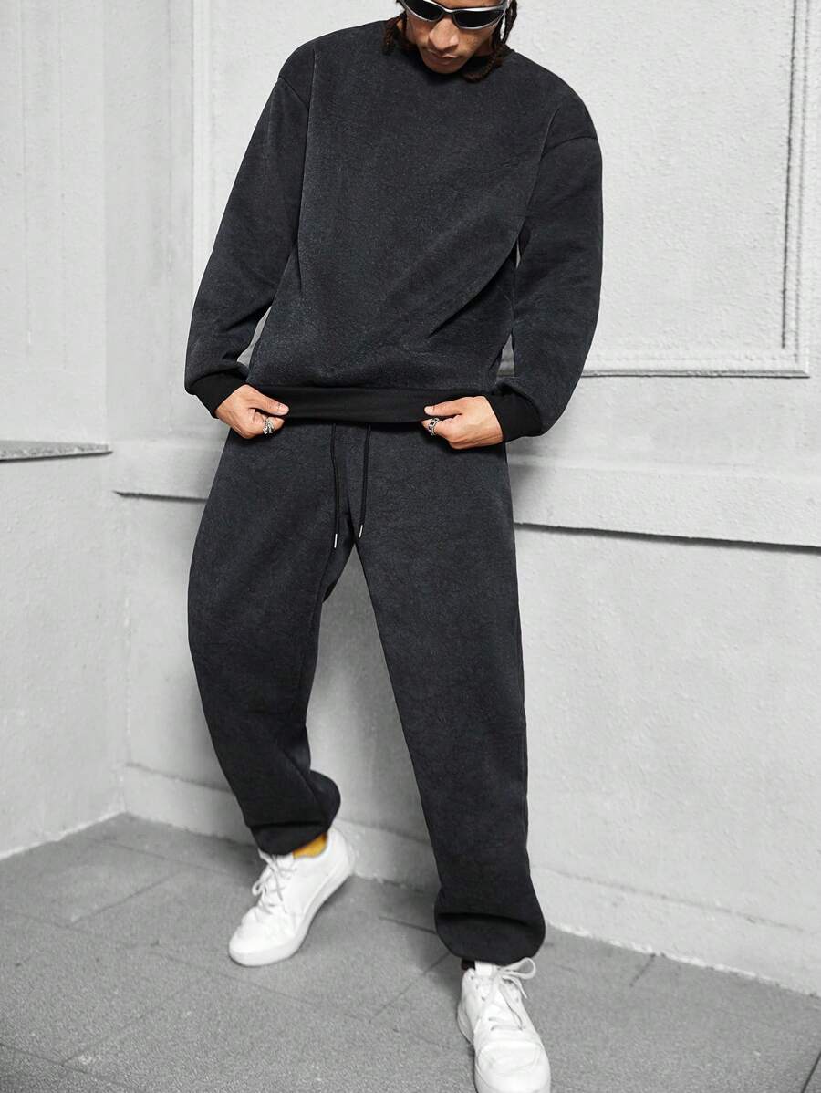 Manfinity EMRG 1Set Men's Solid Color Round Neck Long Sleeve Top And Long Pants Casual Suit-5