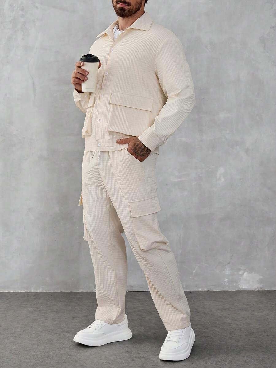 Manfinity Homme 2pcs Men's Solid Color Front Button Long Sleeve-3