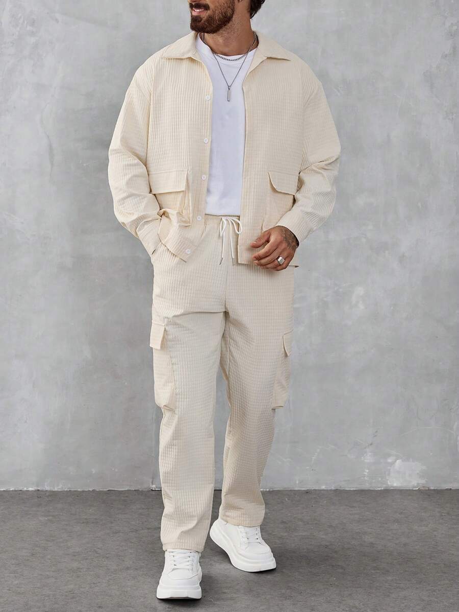 Manfinity Homme 2pcs Men's Solid Color Front Button Long Sleeve-4