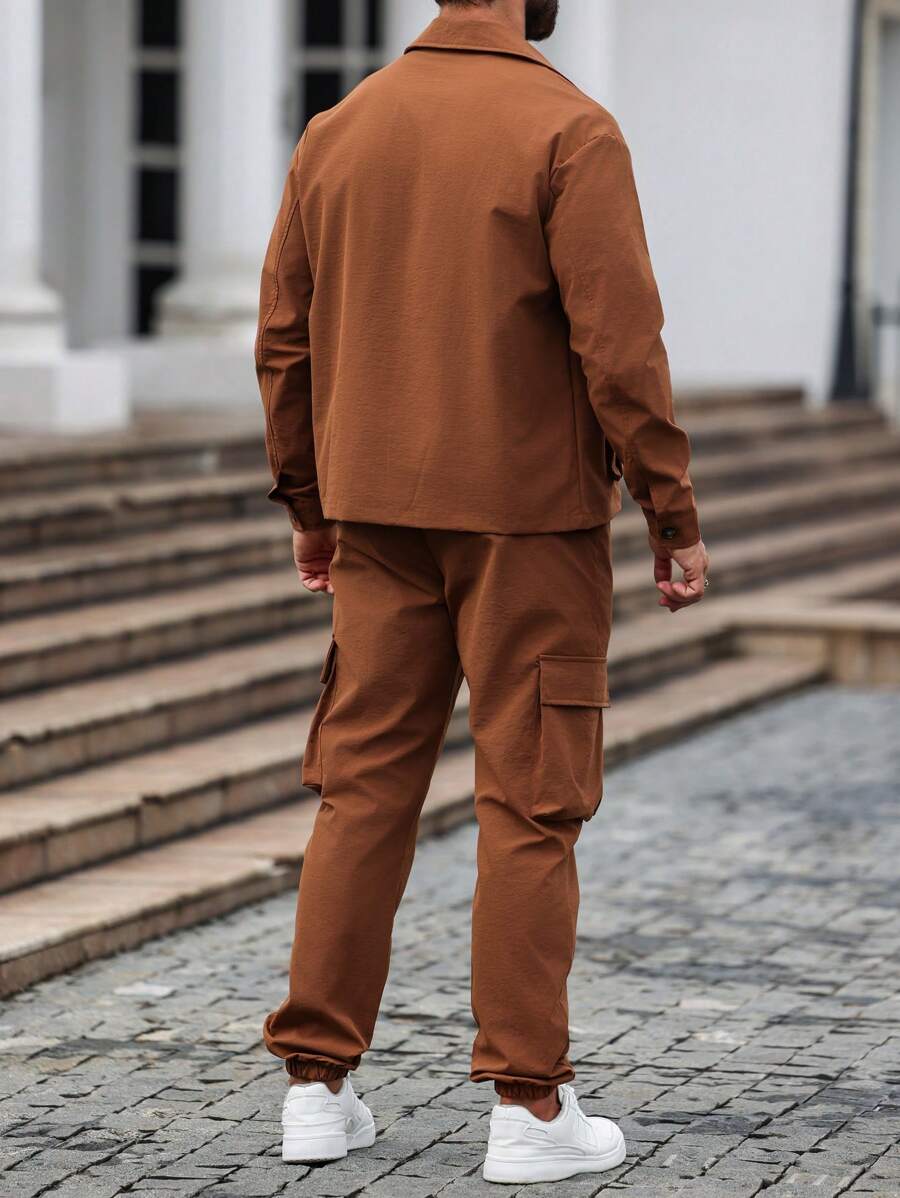 Manfinity Homme 2pcs Minimalist Style Long Sleeve Top & Pants Set-2