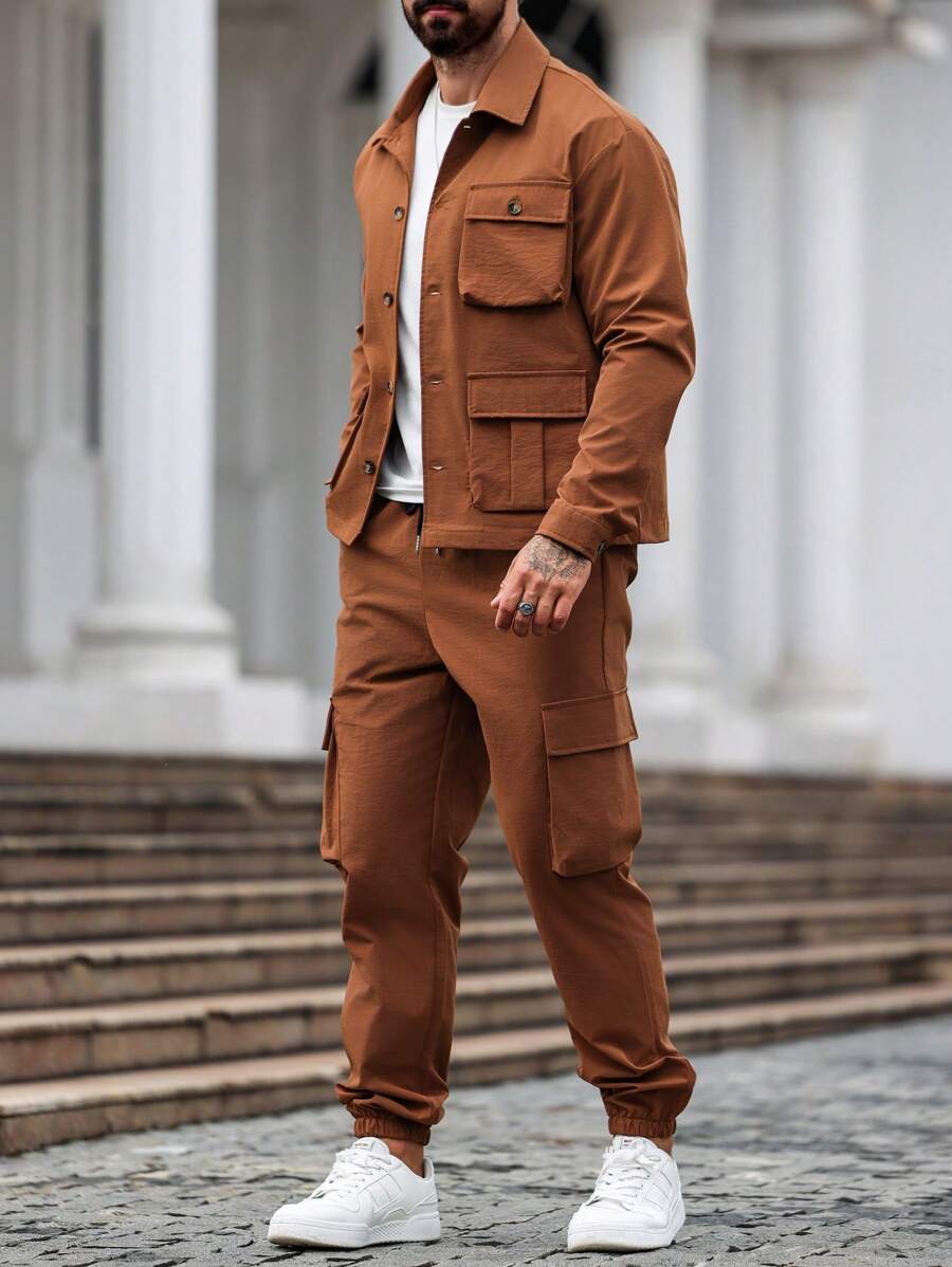 Manfinity Homme 2pcs Minimalist Style Long Sleeve Top & Pants Set-4