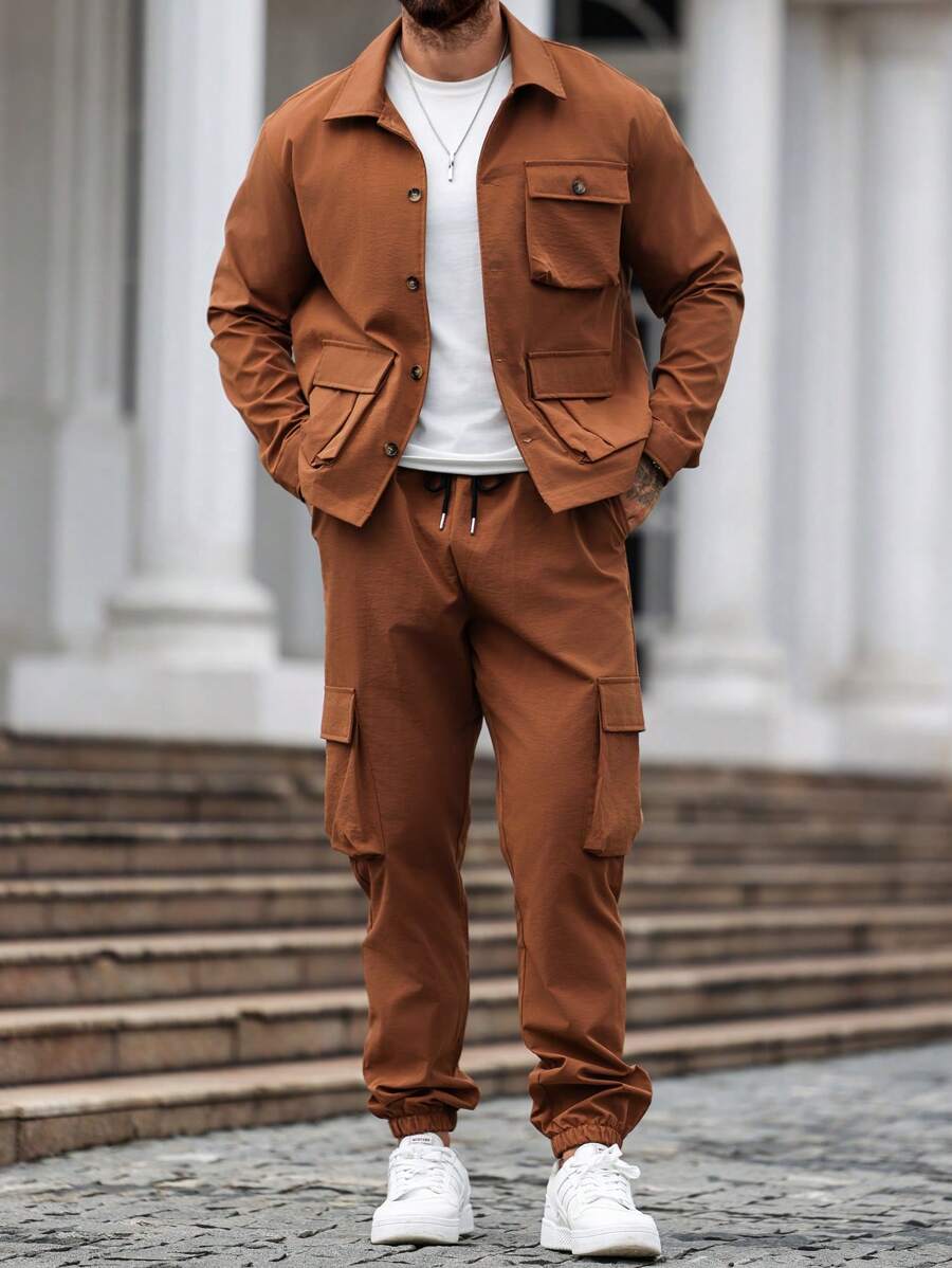 Manfinity Homme 2pcs Minimalist Style Long Sleeve Top & Pants Set-5