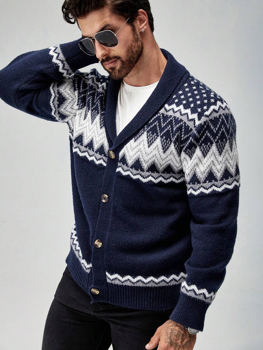 Manfinity Homme Men Geometric Print V-Neck Front Button-4