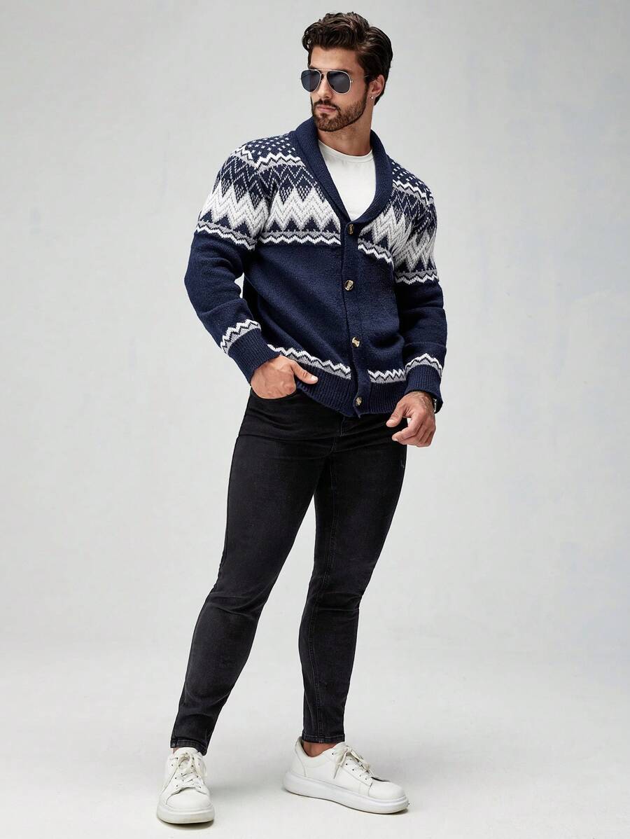 Manfinity Homme Men Geometric Print V-Neck Front Button-5