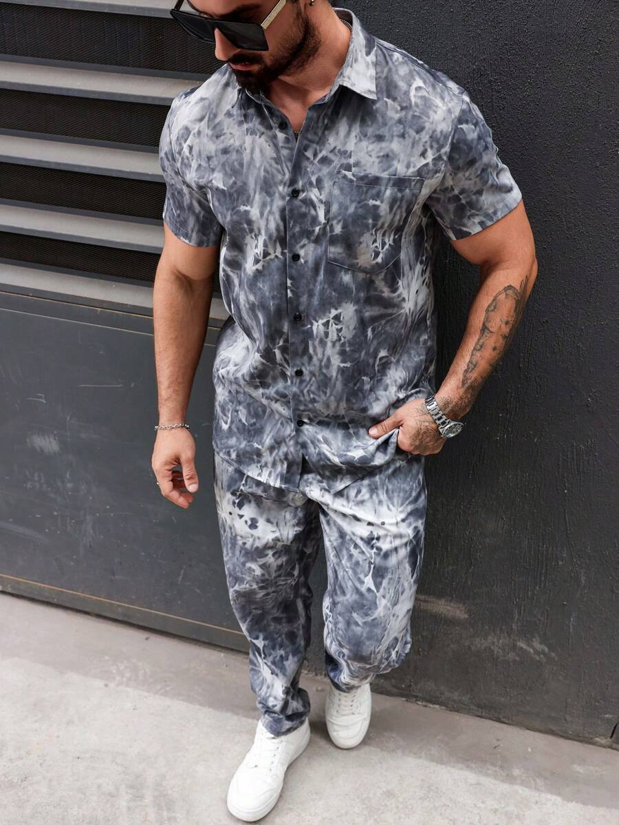 Manfinity Homme Men's Fashion Tie-Dye Printed Short Sleeve Shirt And Pants Set-3