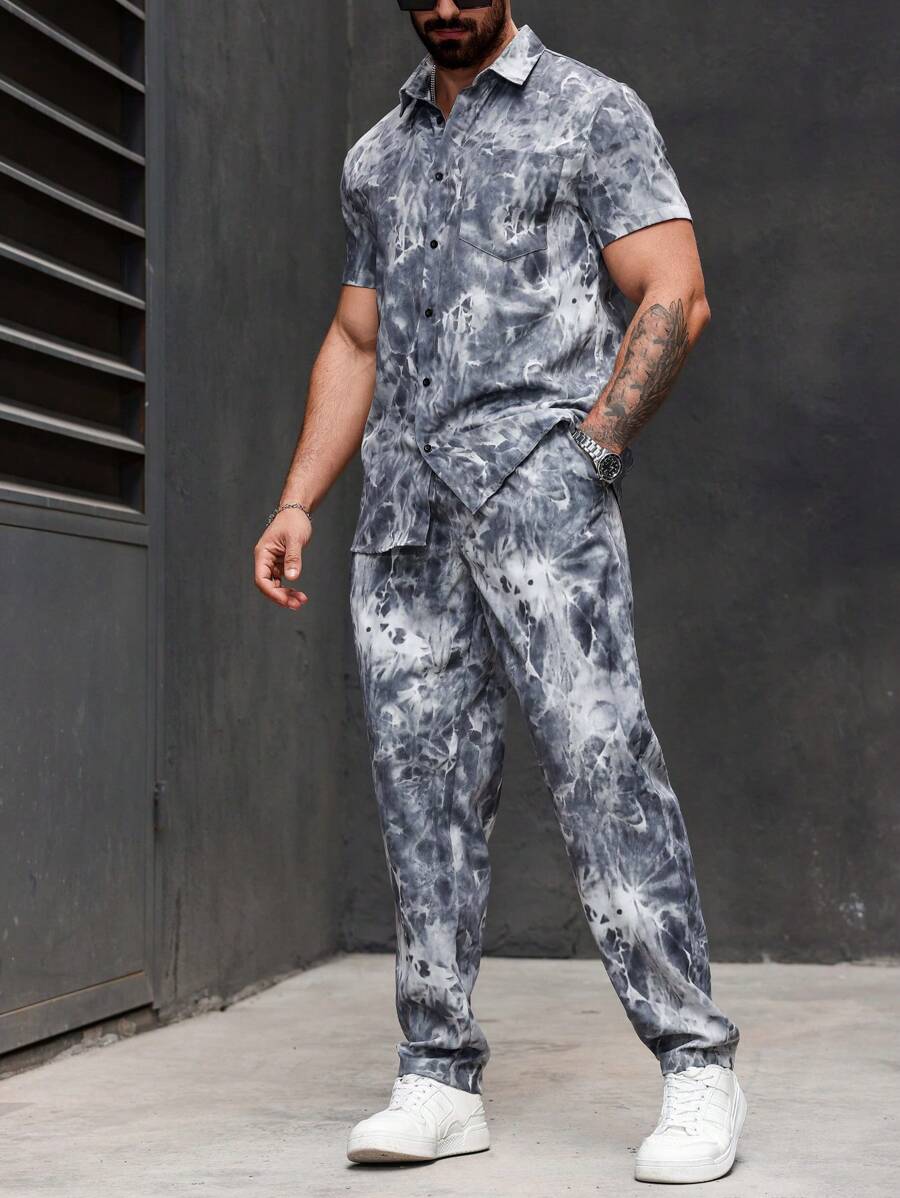 Manfinity Homme Men's Fashion Tie-Dye Printed Short Sleeve Shirt And Pants Set-4